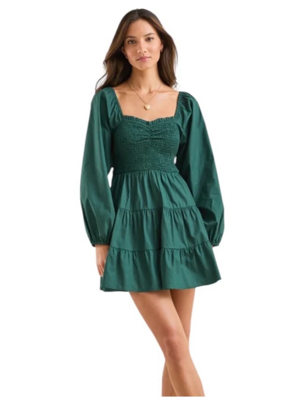 Altar’d State Smocked Emerald Green Long-Sleeve Tiered Mini Dress small